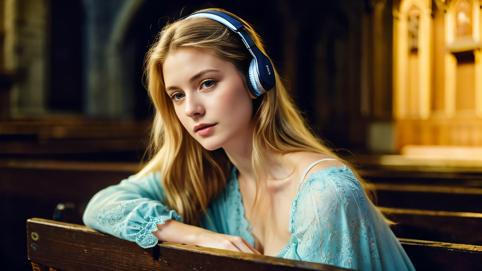 Beautiful blonde with large breasts in mourning clothes (Sitting in a pew in a dark church),Wearing headphones,Very detailed, 21 years old, Innocent face, Naturally Wavy Hair, blue eyes, High resolution, masterpiece, Highest quality, Intricate details, Very detailed, Clear focus, Delicate skin, practical skin texture, texture, Delicate eyes, Professional, 4K, Sad crying face, Shot with Canon, 85mm, Shallow and deep, Kodak Vision Color, Exactly, Very detailed, photograph_\(Extremist\), photographpractical, practical, Post-processing, Maximum details, Roughness, Real Life, Extremist practical, Photorealism, photographgraphy, 8K Ultra HD, photographgraphy