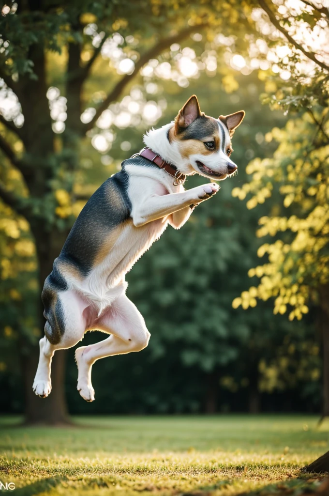 A cute little dog jumping with a hyper-realistic 4K lens. The weather is late and there are a lot of trees around it. The color of the dog is white tags tags tags