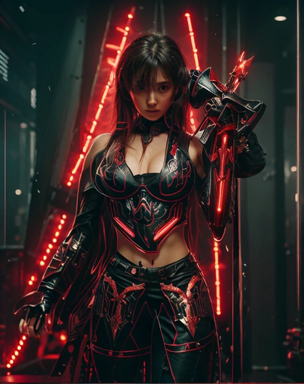 <realistic, intricate details, cinematic, 4k, uhd, ultrarealistic, photorealistic, insanedetails, masterpiece), a beautiful  gorgeous girl, with cyberpunk armour and pants, great sword in the back, lights effects 