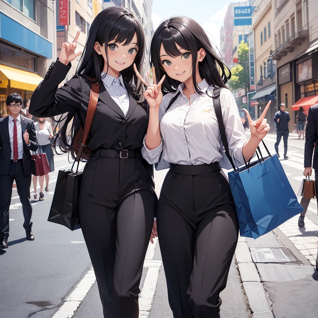 A confident smile, Two students demonstrating a gesture commonly associated with a peace sign while speaking by a shopping street, slacks, Black Hair,  In the city, skirt, shirt, ((((complete fiでe fingers))))