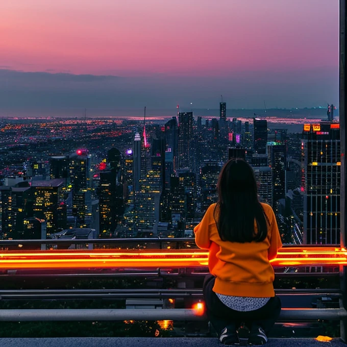 "The cityscape lit by streetlights and neon lights spreads out before your eyes..。Orange sunset seen between skyscrapers、A 16-year-old girl is sitting on a bench in the city、Gazing into the distance。girl'Long hair fluttering in the wind、I'With a backpack、A thin blanket and old books are scattered on the bench.。The library building can be seen nearby...、The tranquil atmosphere of the library。Skyscrapers lined up in the background、Neon-lit street。Car headlights illuminate the street、people々々々Busy passing by.。The stars began to shine in the sky、Based on the orange and pink of the sunset、夜のgreenと紫のトーンが混じる。Bright colors of neon lights(red、green、green, hang on.)Used as an accent、girl and the bench are illuminated by a warm light.。Overall loneliness and hope、It expresses the emotions that waver between dreams and reality...、The strength hidden in silence、A fantastical atmosphere that gives a sense of hope for the future。"。", High resolution, masterpiece, Highest quality, Intricate details, Very detailed, Clear focus, Delicate skin, practical skin texture, texture, Delicate eyes, Professional, 4K, Shot with Canon, 85mm, Shallow and deep, Kodak Vision Color, that'That's it, Very detailed, photograph_\(Extremist\), photographpractical, practical, Post-processing, Maximum details, Roughness, Real Life, Extremist practical, Photorealism, photographgraphy, 8K Ultra HD, photographgraphy