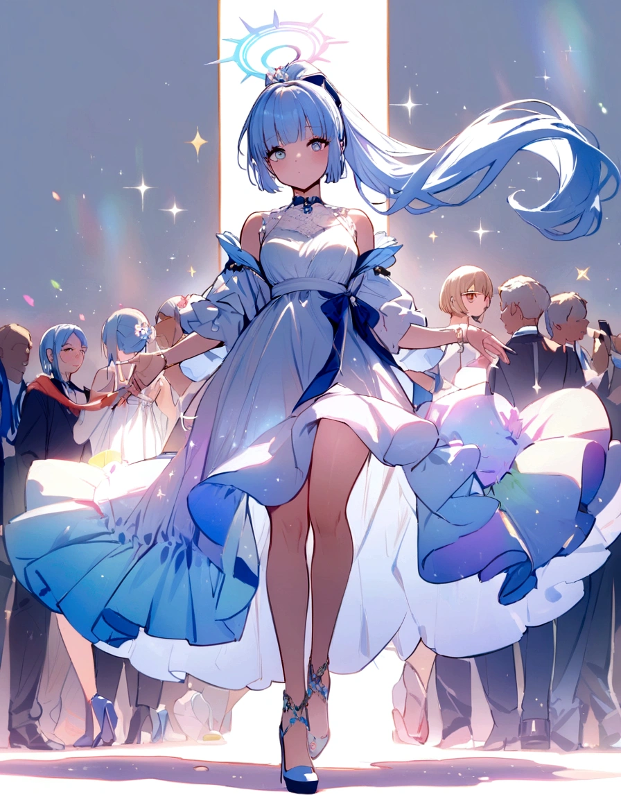 (masterpiece), (highest quality), (ultra detailed), (dish-shaped hair), (people), (one girl), (fashionable clothes), standing, fashion model, looking at viewer, (interview), (simple background), beautiful and delicate eyes, delicate beauty, floating, (high saturation), (colorful splashes), colorful bubbles, (sparkles), focus on face, ponytail, Ayaka Kamisato, light blue hair, bangs, hair halo, floating flower, flowing hair, (luster), best writing, best shadows, full body, looking