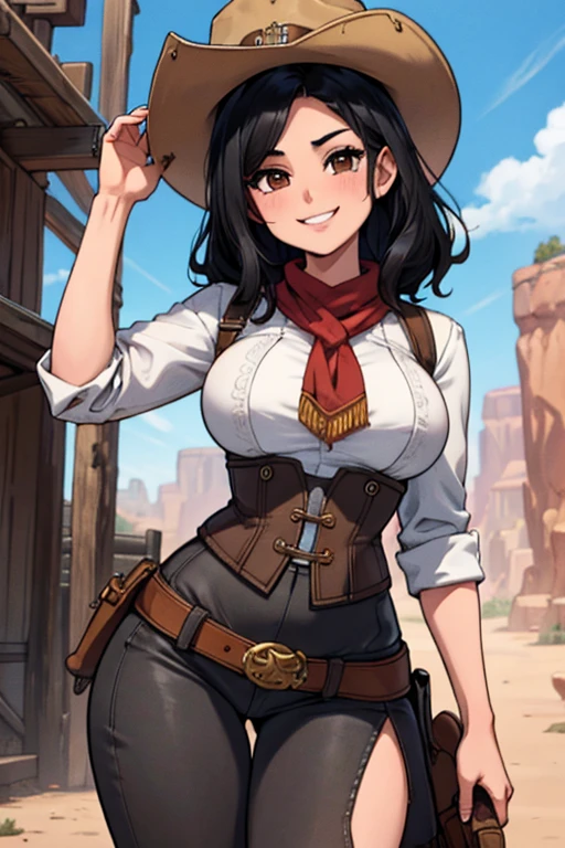 Perfect face, Perfect hands. A black haired female cowgirl with brown eyes and an hourglass figure in a conservative cowgirl's outfit is exploring a wild west town with a big smile
