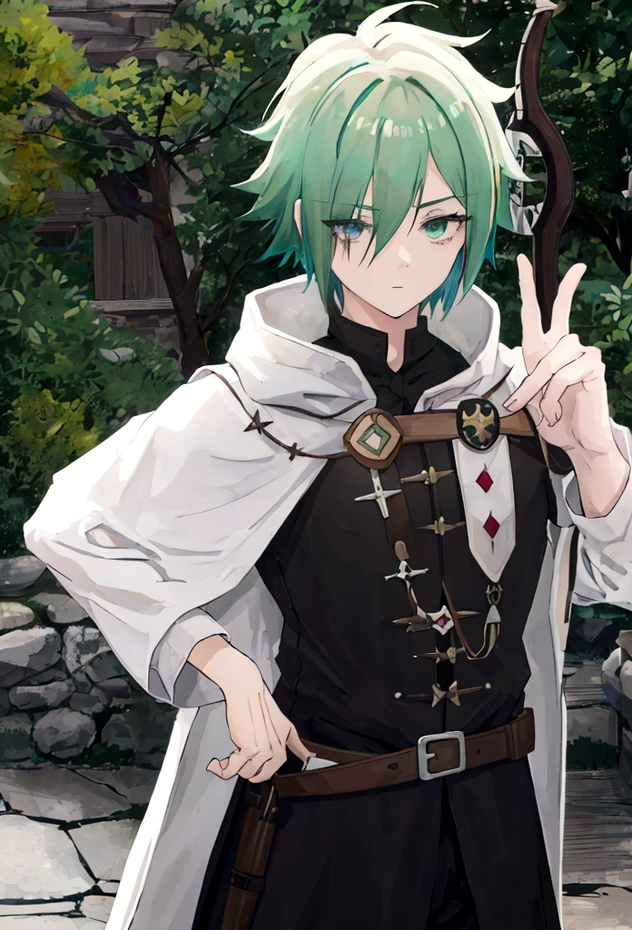 best qualityer, detailded, anime styling, white boy, pine green hair, shorth hair, eye covered with hair, eyes browns, empunhado arco e flecha detailded, black outfit white and brown details, , Medieval RPG Theme, archerqueen
