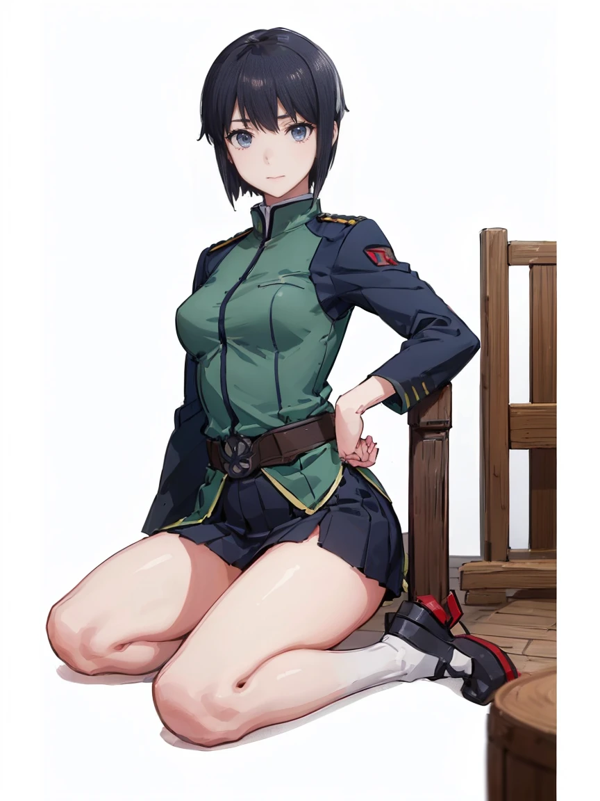 (( Fleet Collection、Kantai Collection、Yao)),((uniform:1.5)))、woman,Cowboy Shot, ((white background))) 、Best image quality, high quality, The background is clear,きれいなwoman, Japanese, detailed, detailed eyes, detailed skin, Beautiful Skin, 超High resolution, (reality: 1.4),とても美しいwoman, 30 years old, Beautiful Skin, thin, (Ultra-photorealism), (High resolution), (8K), (非常にdetailed) 、(Beautiful and detailed eyes), (非常にdetailed), (detailed face), Displaying the viewer, Fine details, detailed face, smile,Straight,Looking Ahead, StraightLooking Ahead, Photo Real,Hairstyle: ponytail、(((short hair:1.5))),Brown Hair、smile、Very delicate body、Very flat chest、hair over one eye, Normal limbs、seiza
