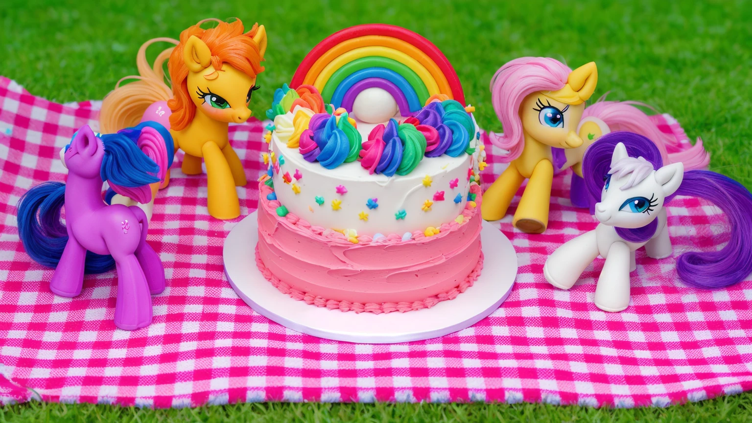 on the grass, on a pink checkered tablecloth. there is a white plate with cake, white and pink cream cake, Rainbow confectionery powder on the cake, top rainbow gradient cream, polymer clay rainbow, рядом стоят пластиковые pony toys из мультфильма My Little Pony, pony toys, beautiful light, sunlight, sunny day, beautiful lighting, bright announcement, several light sources, Realistic style, realistic textures, high quality, high detail, detailed texture, ultra 4k hd