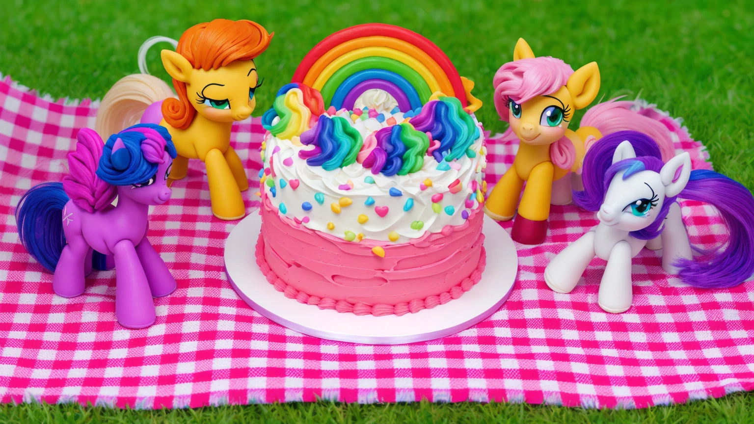 on the grass, on a pink checkered tablecloth. there is a white plate with cake, white and pink cream cake, Rainbow confectionery powder on the cake, top rainbow gradient cream, polymer clay rainbow, рядом стоят пластиковые pony toys из мультфильма My Little Pony, pony toys, beautiful light, sunlight, sunny day, beautiful lighting, bright announcement, several light sources, Realistic style, realistic textures, high quality, high detail, detailed texture, ultra 4k hd