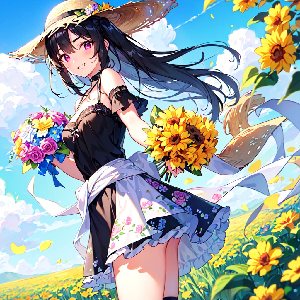 masterpiece, best quality, high quality, extremely detailed, very delicate and beautiful, (1 female 18 years old solo:1.5), (long black hair up to waist with two side up:1.4), bangs to eyebrows, eyes (eyes sharp, strong, glossy, glossy eyebrows), (eye color magenta: 1.3), 6.5 head height, (summer flower print fashion: 1.3), knee socks, ruffles, lace, (smiling), (holding a bouquet of summer flowers: 1.3), (dynamic pose), (background summer colorful flower field: 1.3), (Blue Sky: 1.3)