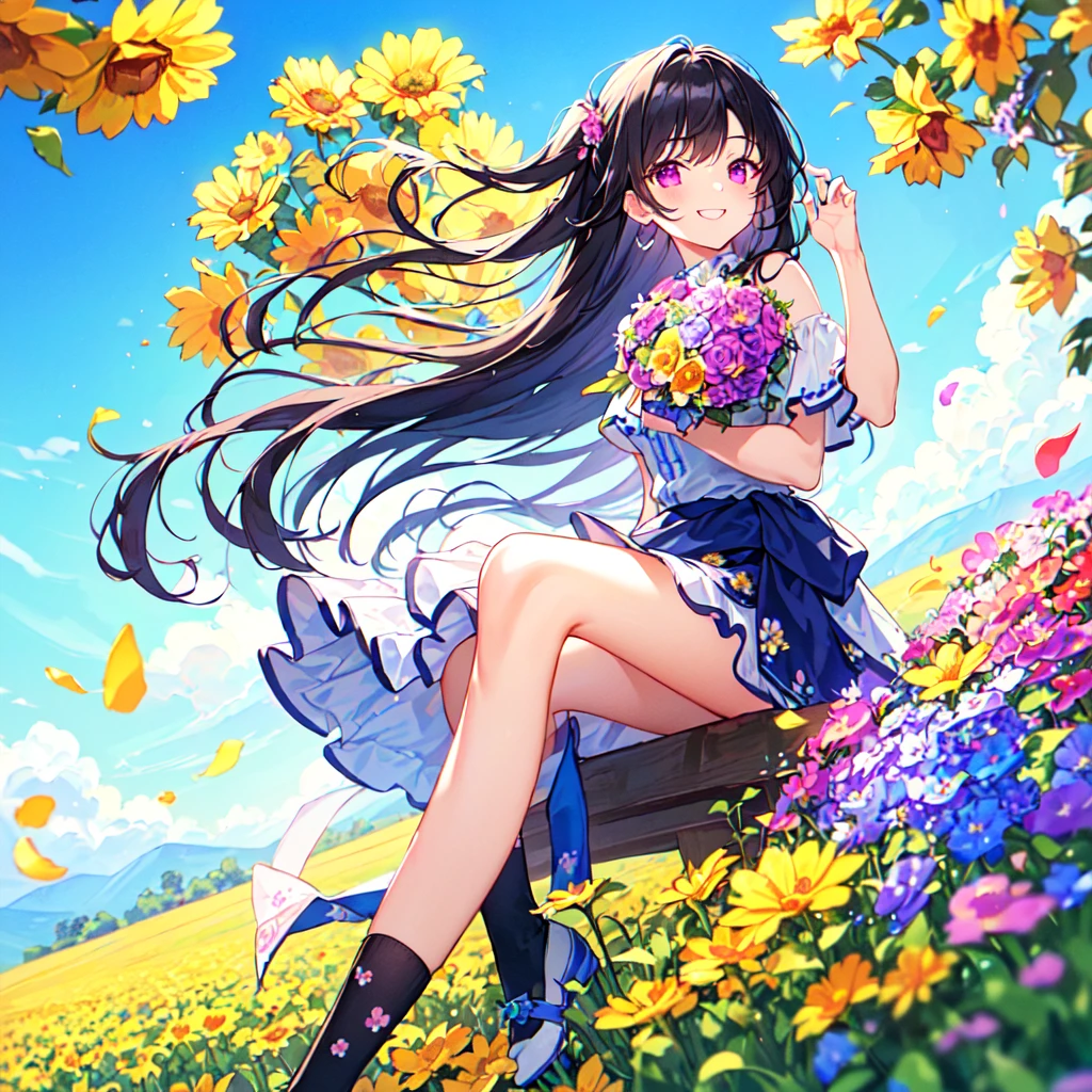 masterpiece, best quality, high quality, extremely detailed, very delicate and beautiful, (1 female 18 years old solo:1.5), (long black hair up to waist with two side up:1.4), bangs to eyebrows, eyes (eyes sharp, strong, glossy, glossy eyebrows), (eye color magenta: 1.3), 6.5 head height, (summer flower print fashion: 1.3), knee socks, ruffles, lace, (smiling), (holding a bouquet of summer flowers: 1.3), (dynamic pose), (background summer colorful flower field: 1.3), (Blue Sky: 1.3)