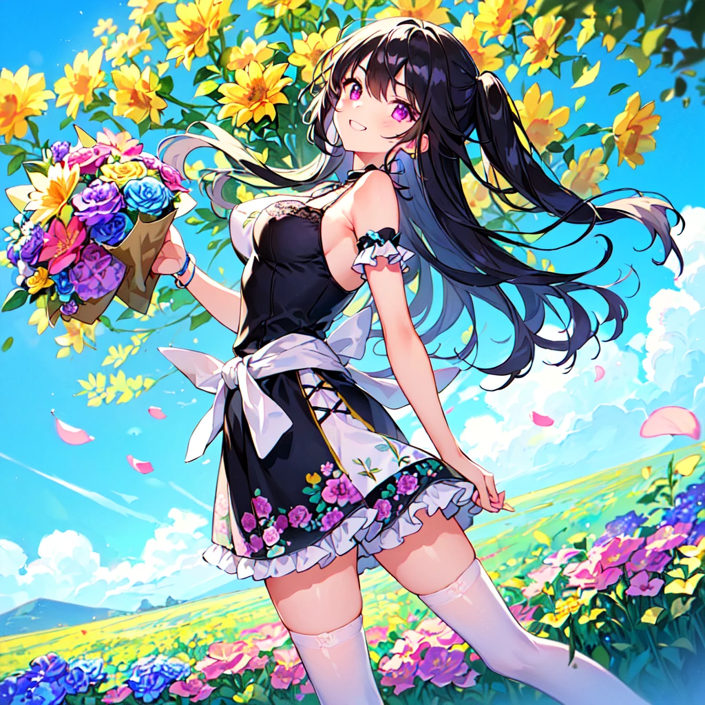 masterpiece, best quality, high quality, extremely detailed, very delicate and beautiful, (1 female 18 years old solo:1.5), (long black hair up to waist with two side up:1.4), bangs to eyebrows, eyes (eyes sharp, strong, glossy, glossy eyebrows), (eye color magenta: 1.3), 6.5 head height, (summer flower print fashion: 1.3), knee socks, ruffles, lace, (smiling), (holding a bouquet of summer flowers: 1.3), (dynamic pose), (background summer colorful flower field: 1.3), (Blue Sky: 1.3)