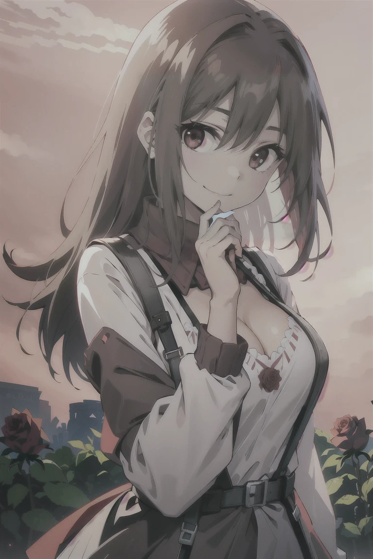 (masterpiece, best quality:1.2), samidare asahina, 1girl, brown eyes, brown hair, (tits cleavage:1.15), (waving is hands:1.2), (breasts close up:1.15), (suspenders:1.2), (dress:0.65), (blue clothes:1.05), (belts:0.7), (frills shirt:1.2), (white knit sweater:1.2), camisole, exposed breasts, straps, (cross:1.05), upper body, (long wavy hair:1.2), (one side up:1.2), nun, long sleeves, (both hands:1.15), (perfect hands:1.05), (five fingers:1.05))), background ((red sky, dawn, rose, rose garden, castle, horizon:1.43))