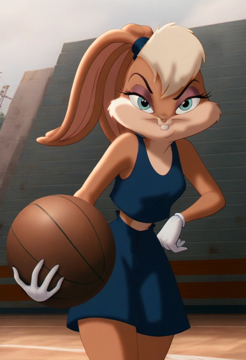 lolabunny, 1girl, solo, furry female, rabbit ears, rabbit girl, animal nose,white gloves,basketball, holding,  blue eyes, body fur, standing, tail, buck teeth,cowboy shot,smile,looking at viewer, outdoors, score_9, score_8_up, score_7_up, score_6_up, score_5_up, score_4_up   , sexy black gown