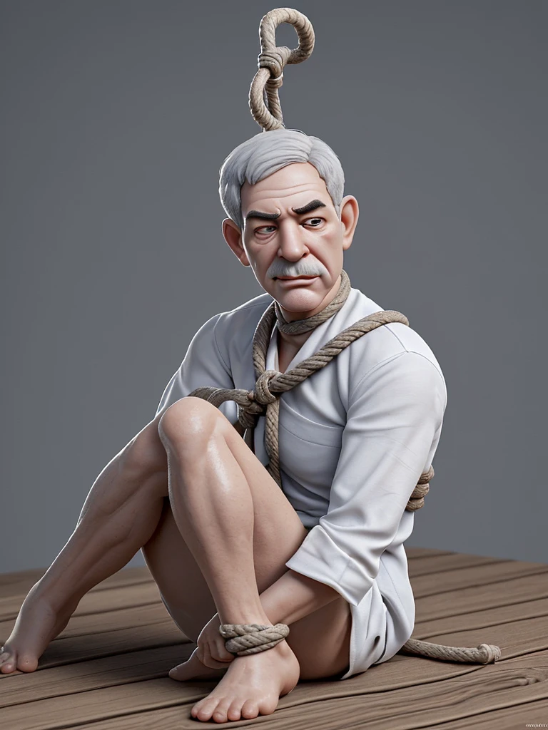 Create a 3D animation of a caricature with a big head. A man named "Benjamin Netanyahu" aged 60. Full body view, His hair is very thin, gray, and his legs are straight while sitting on a wooden floor. The position of the body and legs is tied, Rope wrapped around the neck and tied to a long pole, both hands are also tied, under the feet there is a large hole like a crater with a burning fire. His face is oval with fine facial wrinkles, thick and neat gray eyebrows, normal eyes, straight aquiline nose, and wide open lips. The facial expression is sad and scared, around the location are only sharp rocks. He is wearing a dull white torn shirt and white shorts. with hot and scorching sunlight. Masterpiece, best quality, very detailed skin and face, very realistic, high definition, studio lighting, sharp focus, 2/3 body angle, Face facing straight ahead. Concept Art, 3D rendering.