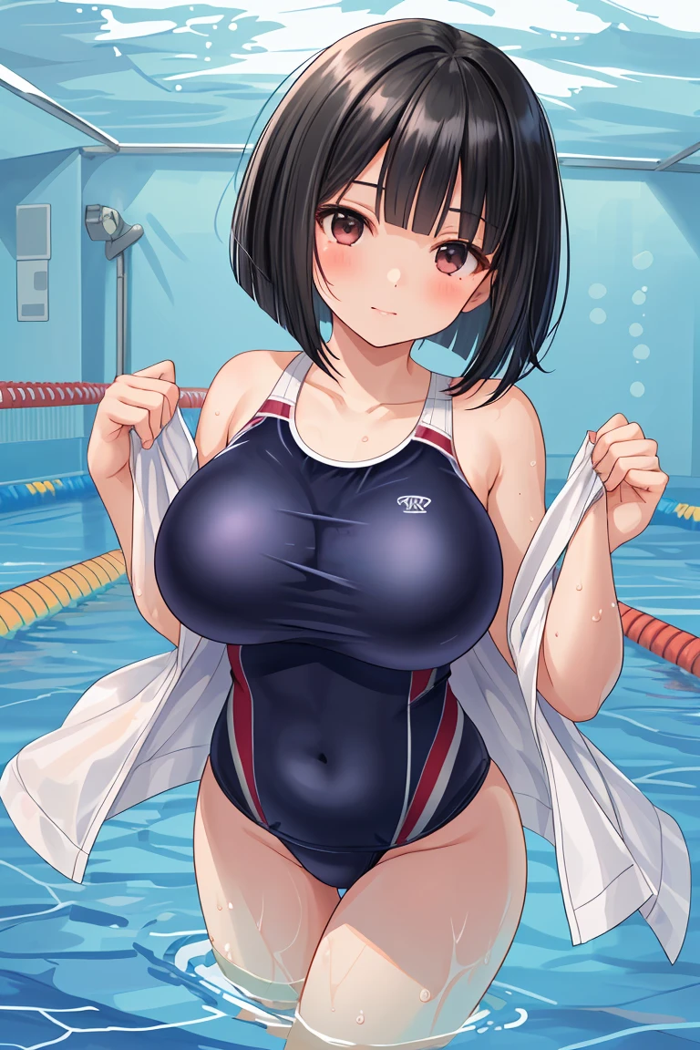 Swimming Club　senior　School Swimsuit　beautiful girl　Black Hair　Short Bob　Big Breasts