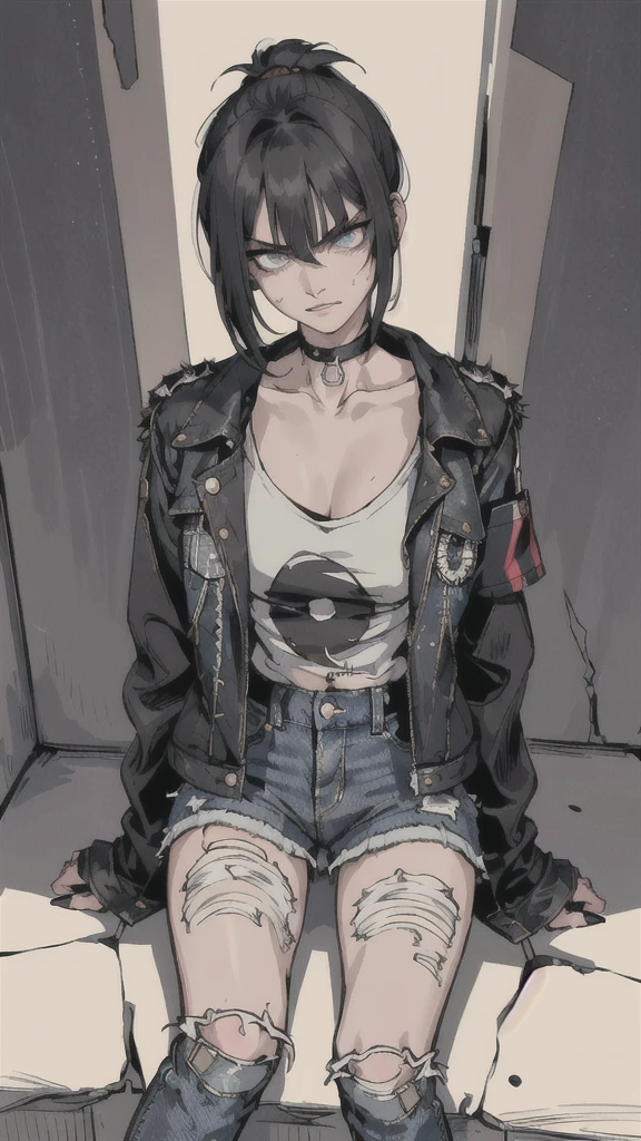 (masterpiece:1.2, best quality), (1lady, solo, upper body:1.2), buzz cut hair style with pony tale, oversized, distressed denim jacket with patches and pins, paired with skinny jeans and combat boots, a black choker necklace, (stare at viewer with stern eyes:1.5),(bitting own lip:1.1),(angry:0.9),nose blush,(shamefull:1.2), surprised