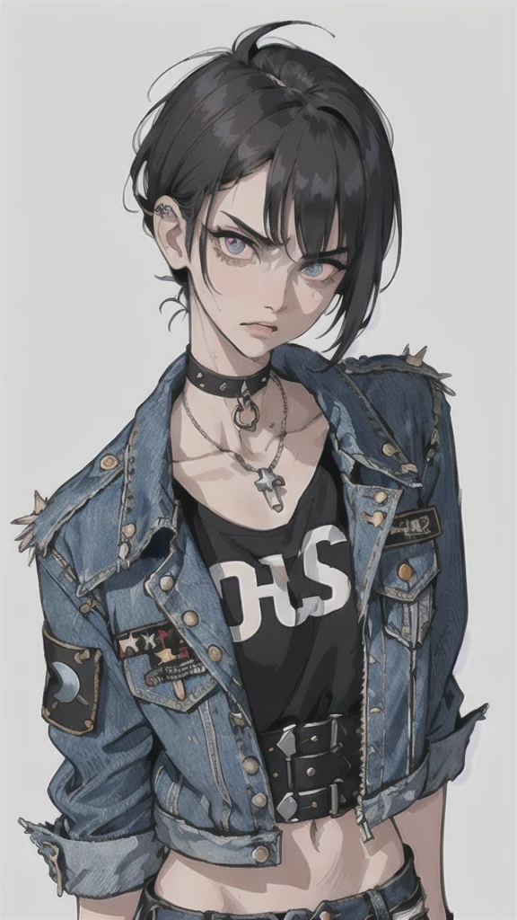 (masterpiece:1.2, best quality), (1lady, solo, upper body:1.2), buzz cut hair style with pony tale, oversized, distressed denim jacket with patches and pins, paired with  skinny jeans and combat boots, a black choker necklace,  (stare at viewer with stern eyes:1.5),(bitting own lip:1.1),(angry:0.9),nose blush,(shamefull:1.2), surprised