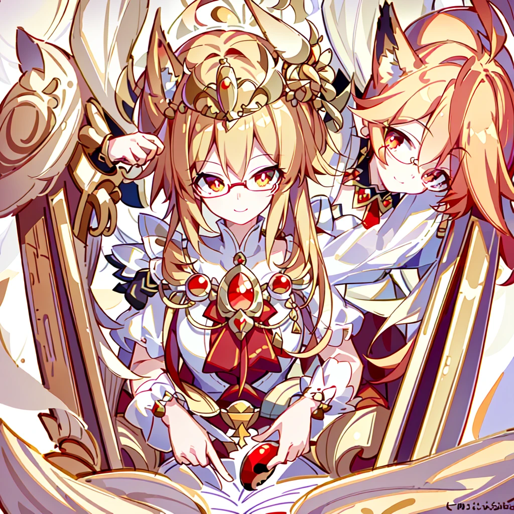 ((Best quality)), ((masterpiece)), (detailed), best quality,8K,original photo,Red Fox Maiden,touch fox,Castle Background, Liveliness. Carefree happy joy bokeh background. Quiet aesthetics. Soft lighting. Artistic Lighting. Gold frame glasses