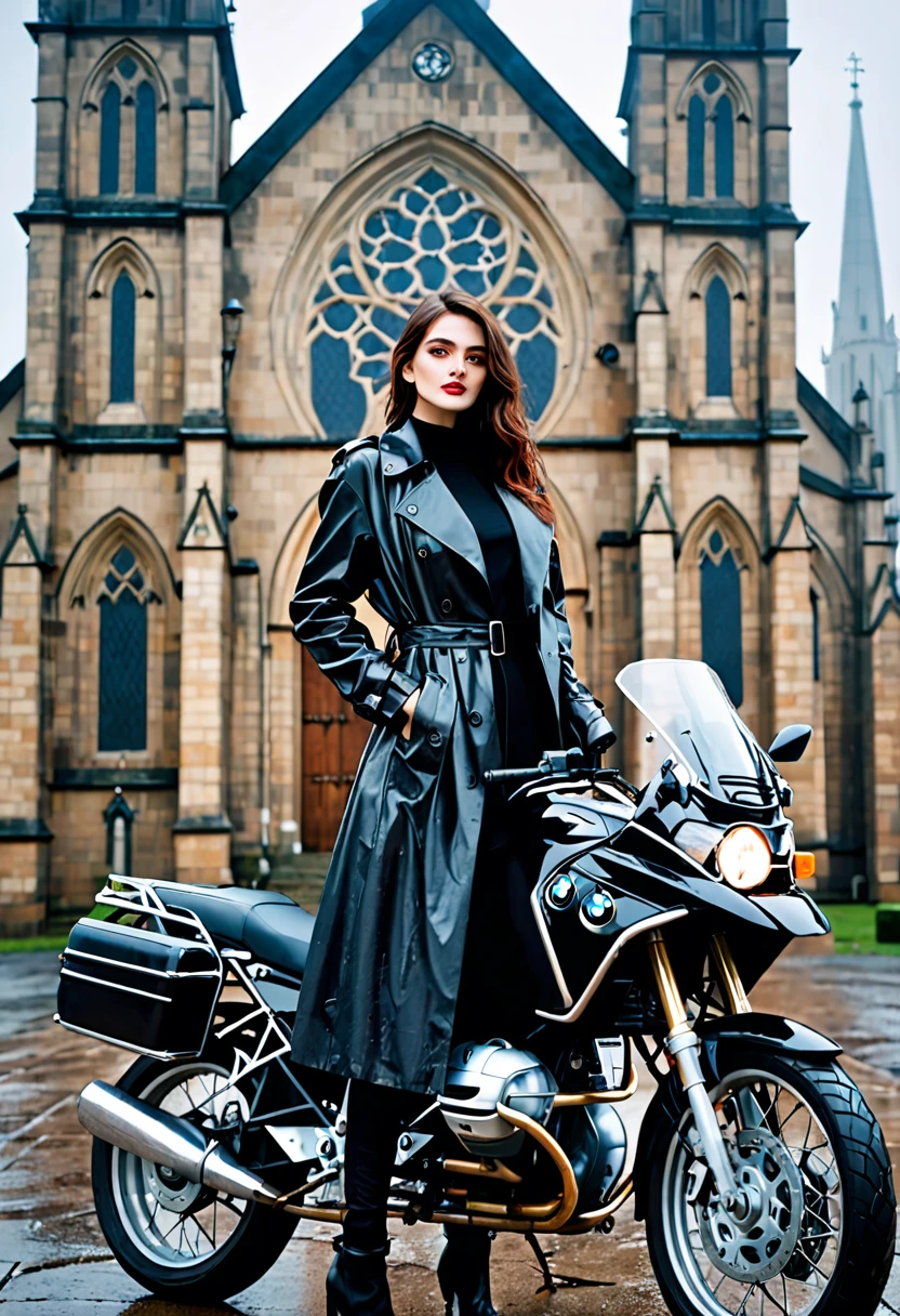A beautiful woman in a black trench coat stands in front of an old BMW motorbike in the drizzle、In front of a Gothic church、