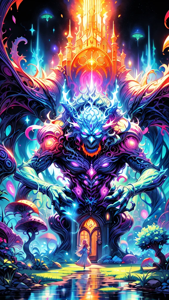Long Hair Girl(born物発光による)Long dress standing near the doorway, The atmosphere is chaotic, Lots of fire, lava river, Hell, Fluorescent Portal, Cthulhu is visible on the other side of the portal,16K, Ultra-high resolution, Ultra-high resolution, born,Fantastic ,future、Shining in rainbow colors、The world 30 years from now。