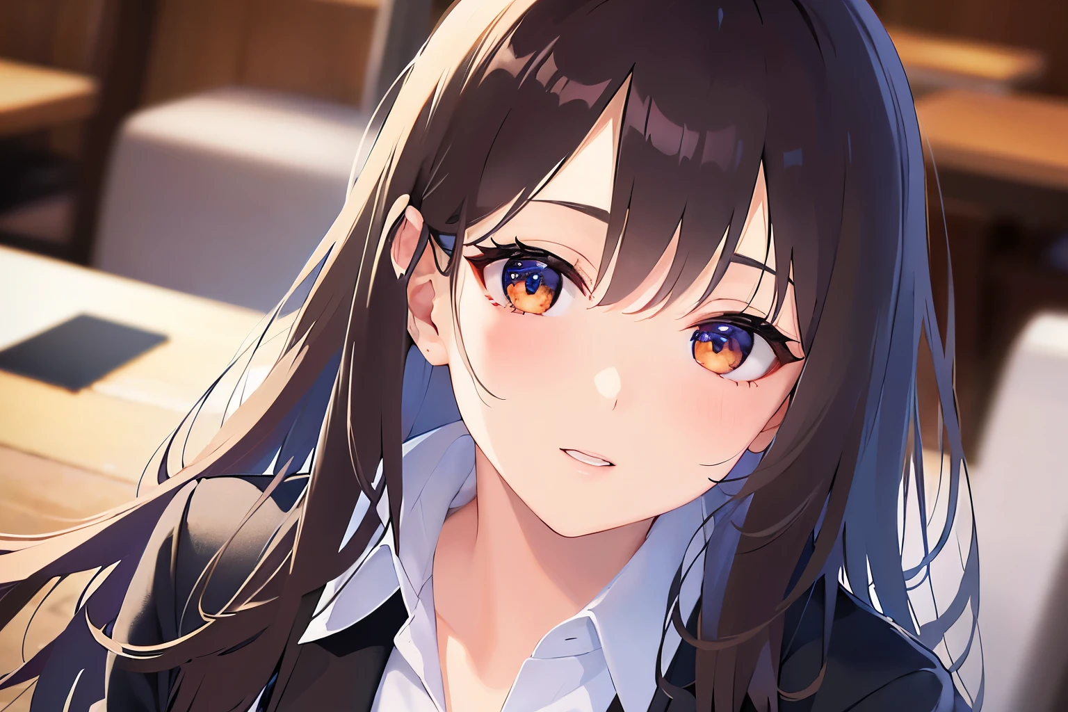 Shooting from above、head tilt,looking at viewer, Realistic, real person, (pale skin: 1.2), RAW photo, photorealistic, shiny skin, shiny hair、 (A 35-year-old woman with medium-length hair and bangs) and (wavy hair) and (brown hair) and (Orange Eyes) (Wearing a business suit:1.5) and (Wearing a white collared shirt) 、(blush:1.5),The background is the interior of a restaurant at night.、Wearing a black jacket