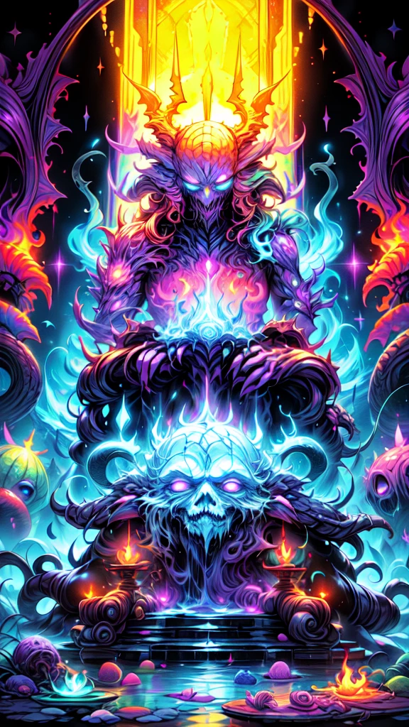 Long Hair Girl(born物発光による)Long dress standing near the doorway, The atmosphere is chaotic, Lots of fire, lava river, Hell, Fluorescent Portal, Cthulhu is visible on the other side of the portal,16K, Ultra-high resolution, Ultra-high resolution, born,Fantastic ,future、Shining in rainbow colors、The world 30 years from now。

