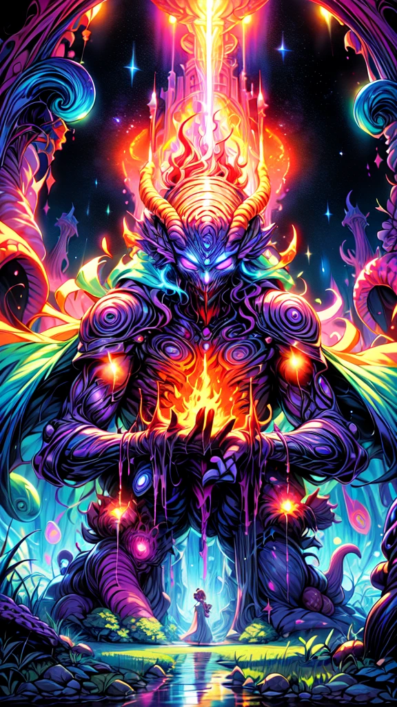 Long Hair Girl(born物発光による)Long dress standing near the doorway, The atmosphere is chaotic, Lots of fire, lava river, Hell, Fluorescent Portal, Cthulhu is visible on the other side of the portal,16K, Ultra-high resolution, Ultra-high resolution, born,Fantastic ,future、Shining in rainbow colors、The world 30 years from now。