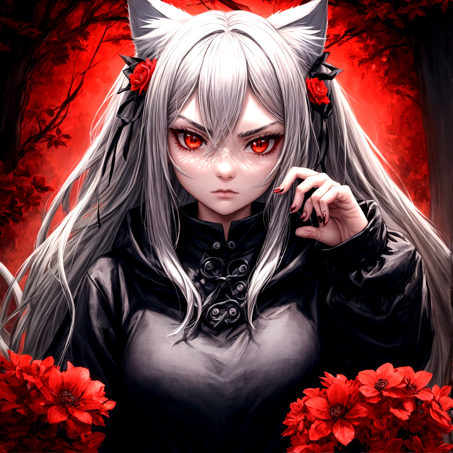 1 girl, beautiful face, cool, intimidation, black eye, long hair, gray hair, cat ear, black jacket, red t-shirt, garden, flower
