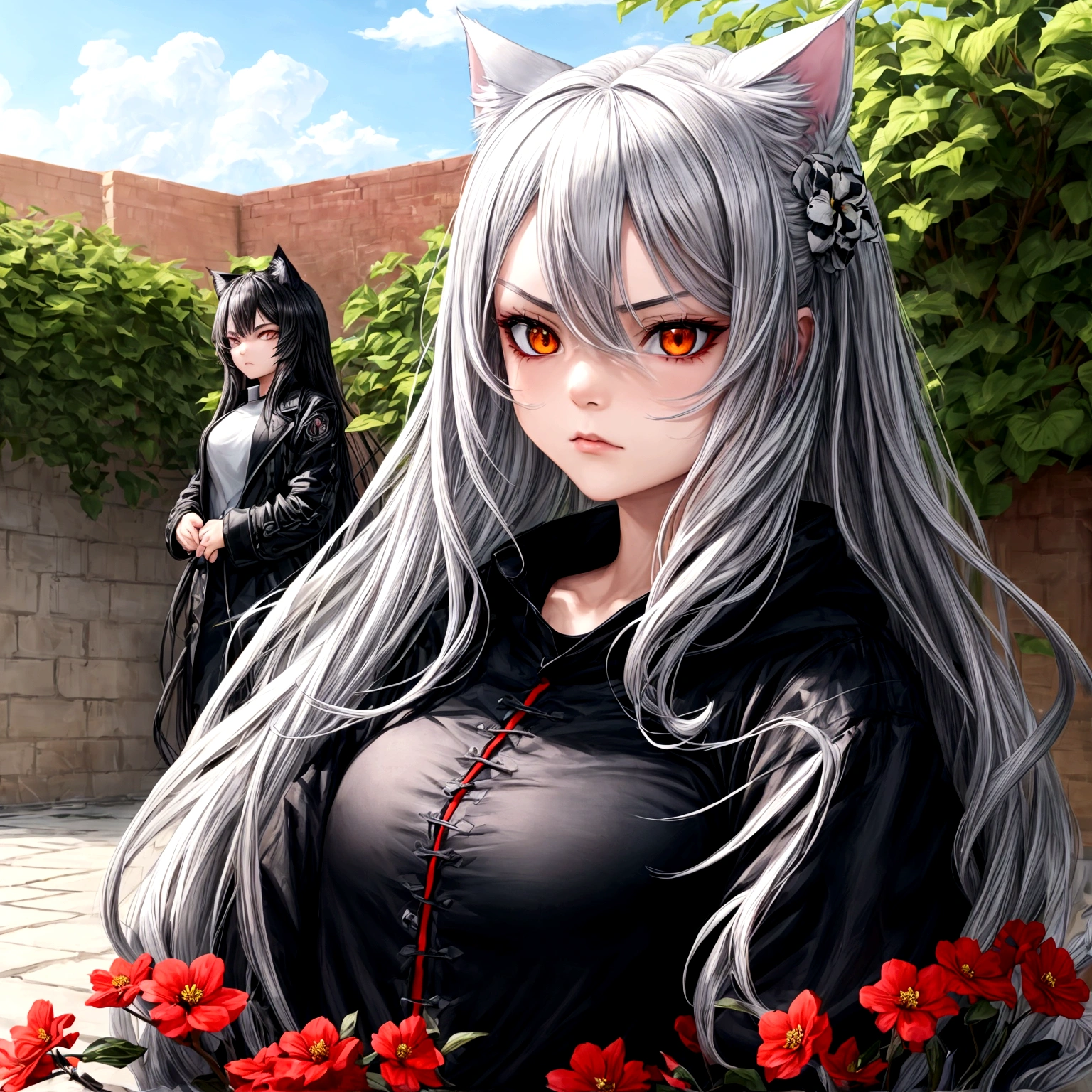 1 girl, beautiful face, cool, intimidation, black eye, long hair, gray hair, cat ear, black jacket, red t-shirt, garden, flower