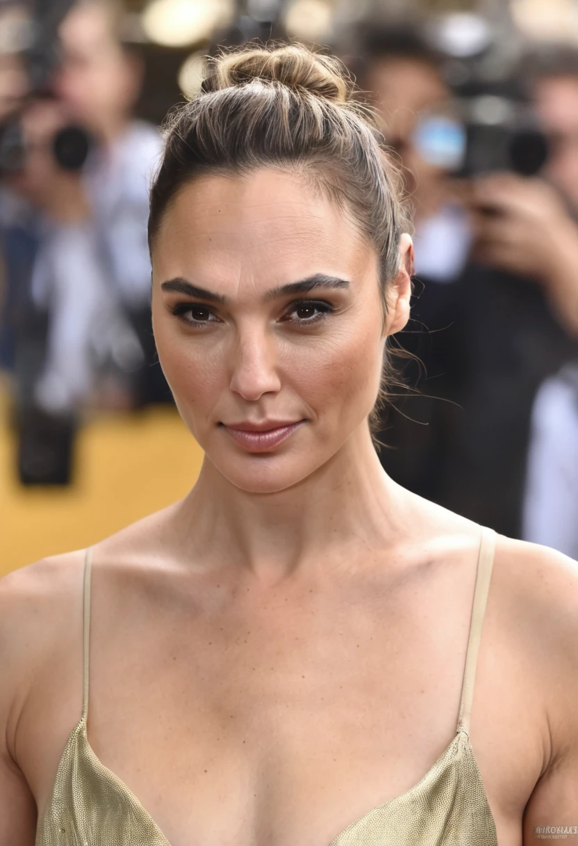 (high quality Erotic celebrity photograph ) (GalGadot , tired look, exhausted , 45yo woman, on a vacation beach , pale white skin tone ,( full upper body shot,hair pulled back, hair bun, galxgadt, pony ,gold color slik cloth bikini ) photorealistic ) , vacation side ,celebrity erotic photograph , oily skin , shiny sweaty skin , celebrity, female, woman, hollywood actress, fleshy muscular woman , ( perfect anatomy ,natural lights, depth of field, insanely detailed skin texture, hyper detailed features, hyper photorealistic texture )