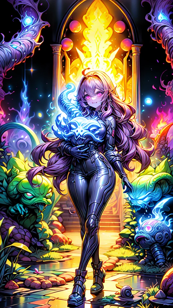 Long Hair Girl(born物発光による)Long dress standing near the doorway, The atmosphere is chaotic, Lots of fire, lava river, Hell, Fluorescent Portal, Cthulhu is visible on the other side of the portal,16K, Ultra-high resolution, Ultra-high resolution, born,Fantastic ,future、Shining in rainbow colors、The world 30 years from now。