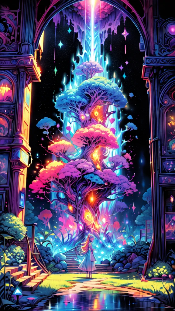 Long Hair Girl(born物発光による)Long dress standing near the doorway, The atmosphere is chaotic, Lots of fire, lava river, Hell, Fluorescent Portal, Cthulhu is visible on the other side of the portal,16K, Ultra-high resolution, Ultra-high resolution, born,Fantastic ,future、Shining in rainbow colors、The world 30 years from now。