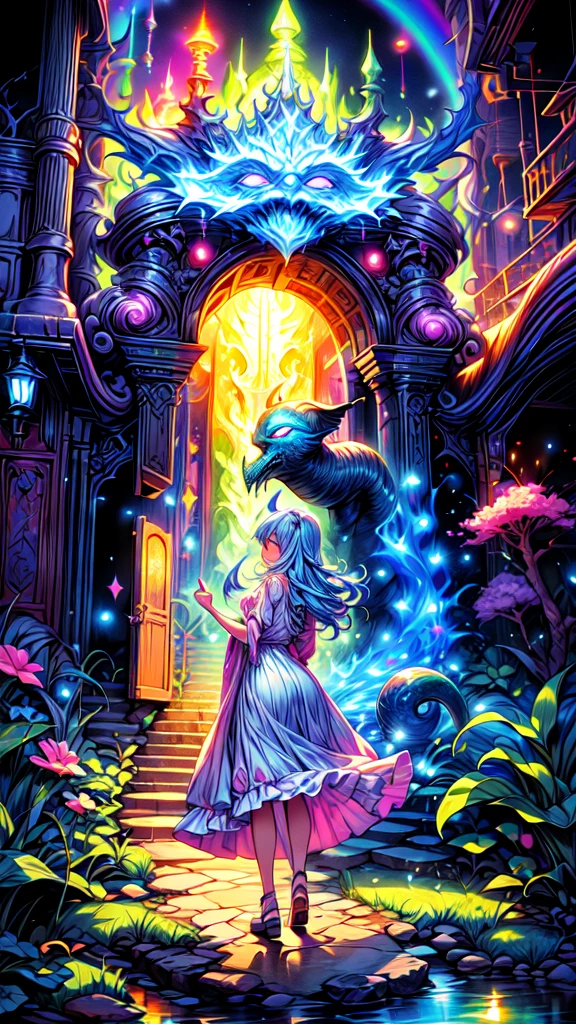 Long Hair Girl(born物発光による)Long dress standing near the doorway, The atmosphere is chaotic, Lots of fire, lava river, Hell, Fluorescent Portal, Cthulhu is visible on the other side of the portal,16K, Ultra-high resolution, Ultra-high resolution, born,Fantastic ,future、Shining in rainbow colors、The world 30 years from now。
