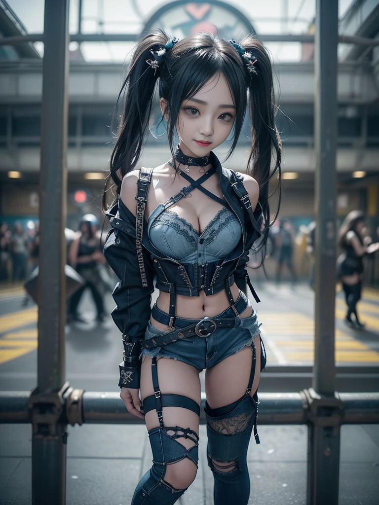 (Smiling with teeth showing:1.3),(Shibuya Gal:1.5)、(Beautiful:1.4)、(Neo-Goth Fashion:1.5)、(Punk RockVisual Kei:1.3)、(Futuristic turquoise, denim and navy blue bodysuit:1.5)、(A delicate denim and yellow cardigan:1.5)、(Gorgeous decorated corset:1.4)、(Navy denim garter belt:1.5)、(Delicate cargo pants in denim, navy and yellow:1.3)、(Heart-shaped silver accessories:1.5)、(Brown Skin Belt:1.4)、(Blue High Heels:1.4)、(Lace underwear:1.4)、20-year-old、Browsing Caution,((Highest quality、In 8K、masterpiece:1.3))、Sharp focus:1.2、(Layered Cut、Huge breasts:1.1),Beautiful woman with perfect figure:1.4、(Dance vigorously:1.3)、Slim Abs:1.2、Butt、Highly detailed face and skin texture、Fine grain、double eyelid,(Twin tails:1.3)、(Black brown hair:1.3)、Obscene、Idol Sculpture、(The background is a vast panorama of nature:1.3)、(Slimming your legs:1.4)、(The body is slim:1.3)、(clavicle:1.1)