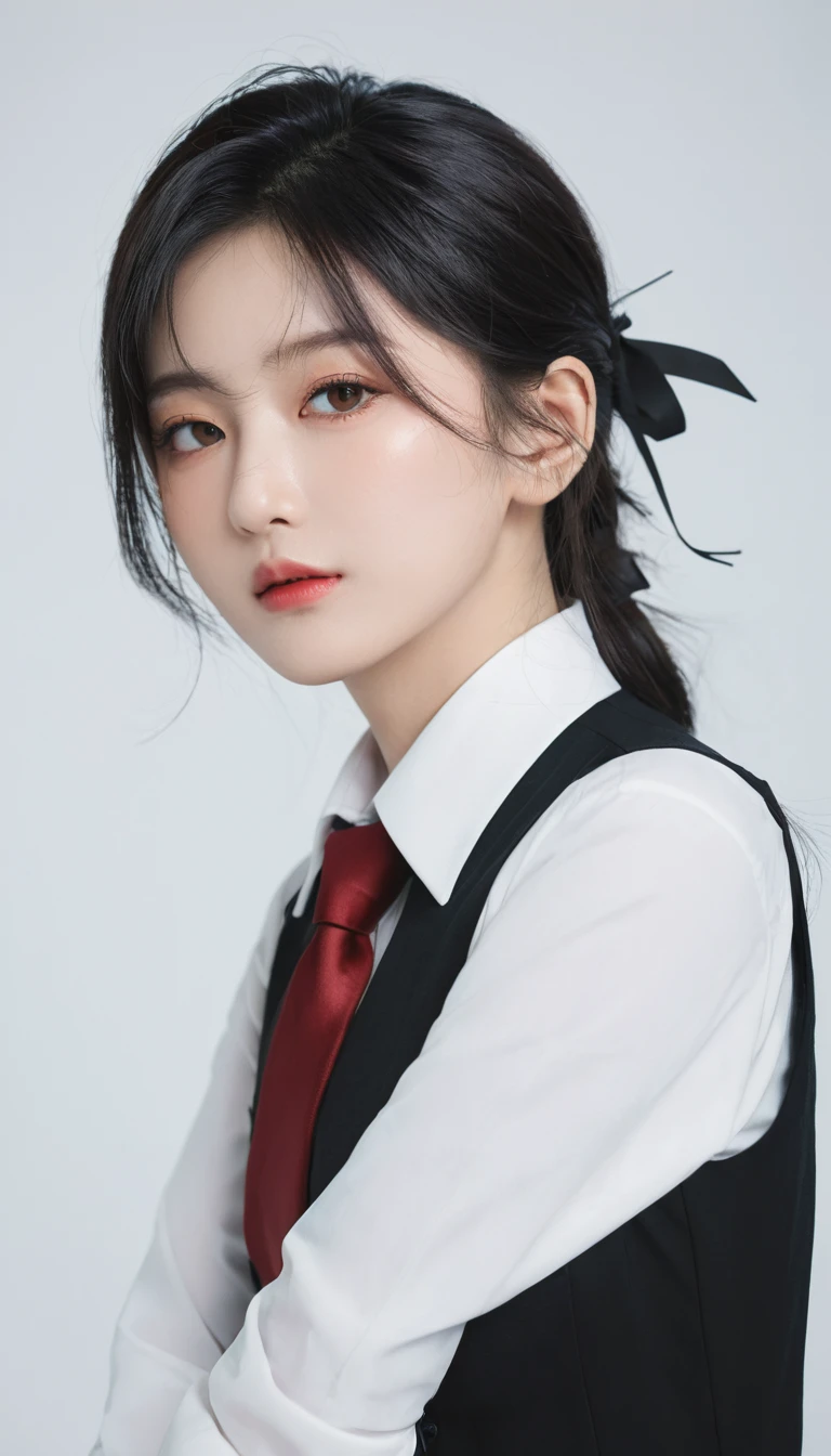 Anime girl in red shirt and black tie posing for photo, author:Yang J, extremely detailed Atjem, Toosaka Rin, Atjem jsc, Artwork in the style of Guweiz, Beautiful digital artwork, Atjem. High Detail, range murata and Atjem, style Atjem, IG model | Atjem