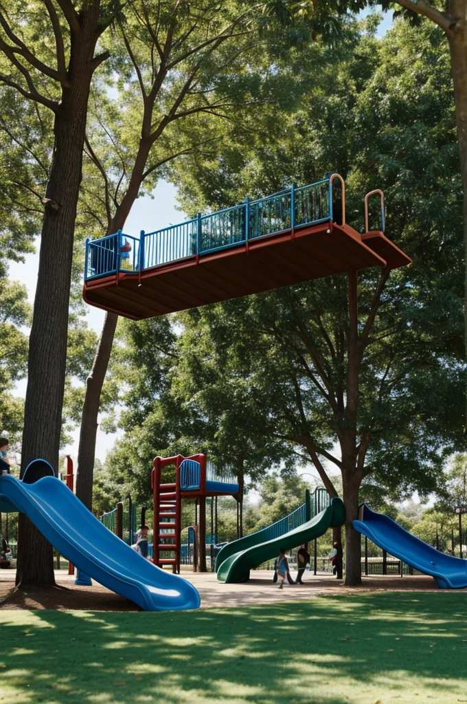 two children were seen playing on a slide in a playground very happily. There was also a large tree shading the park