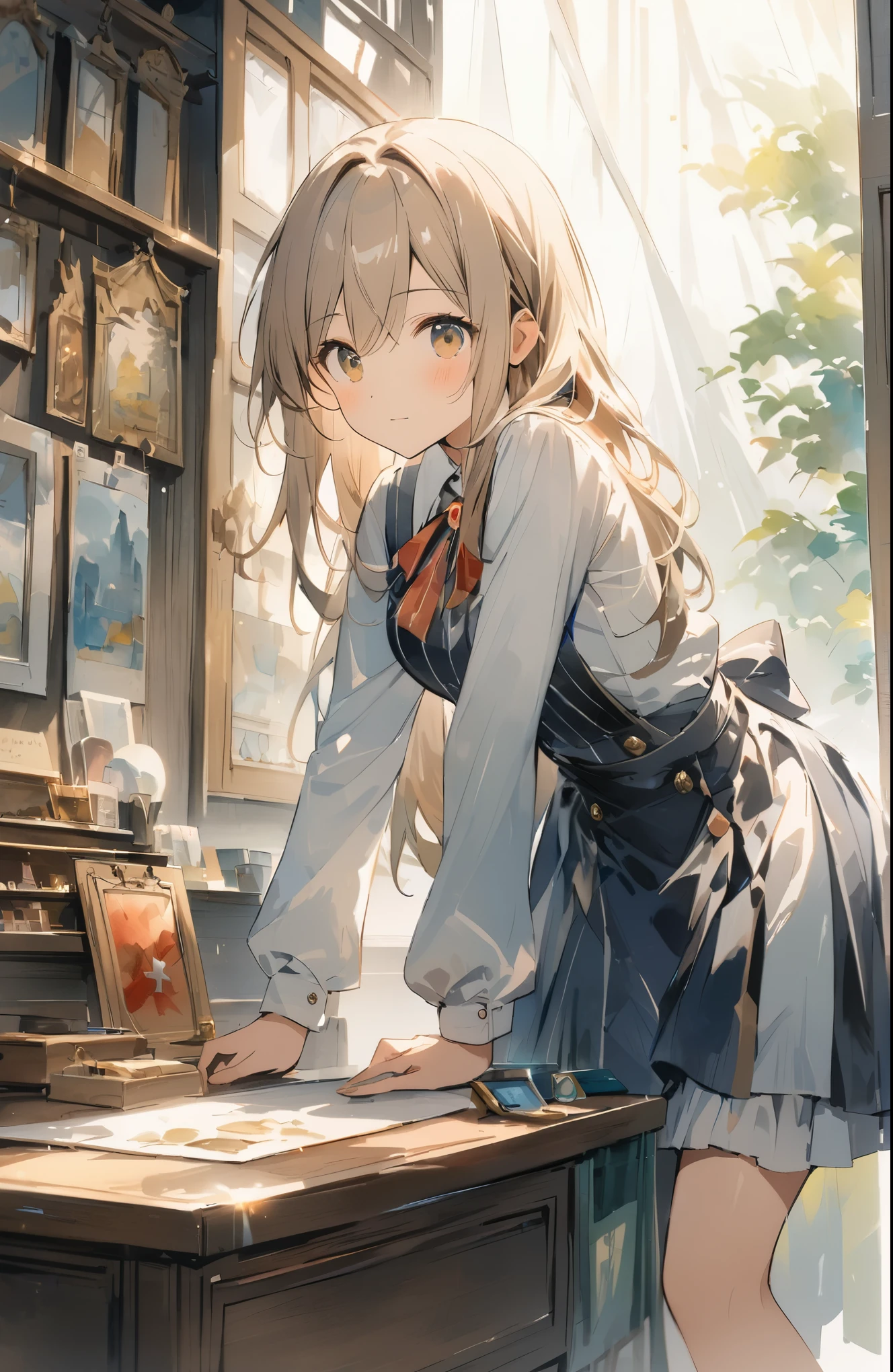 Light production、absurdres,watercolor,oil,超High resolution, Attention to detail, high quality, High resolution, 最high quality, 4K, 8K, Awards, (artwork)、Magical goods store clerk、Otherworldly fantasy、Lean forward against the counter、cute、18-year-old、(Another World Clerk's costume:1.37)、hair ornaments