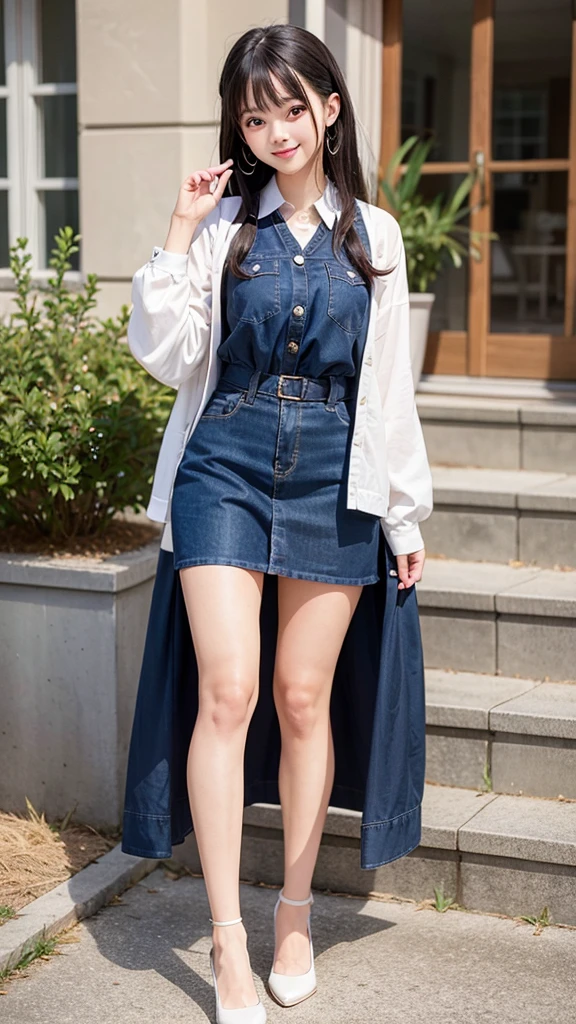 College student, beautiful woman, in college, frontal, full body, smiling, exquisite, highest definition, highest quality, meticulous detail, perfect, neat, 32k