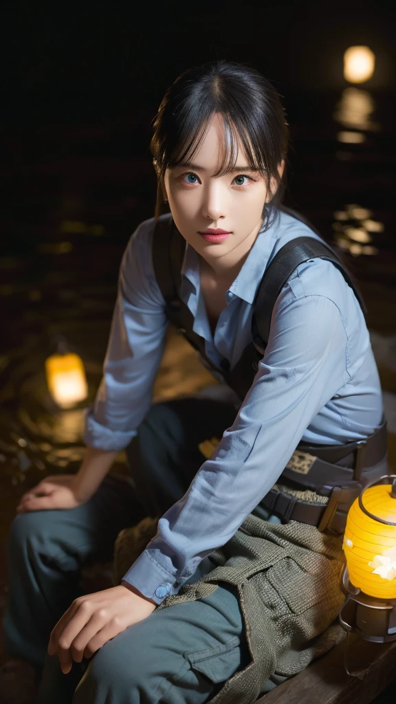 sky full of stars, charismatic, cargo trousers, sitting model pose, river, lanterns, night, extremely detailed eyes, extremely detailed face, best quality, extremely detailed, one person, one girl, ultra-detailed, (realistic, photo-realistic:1.3)