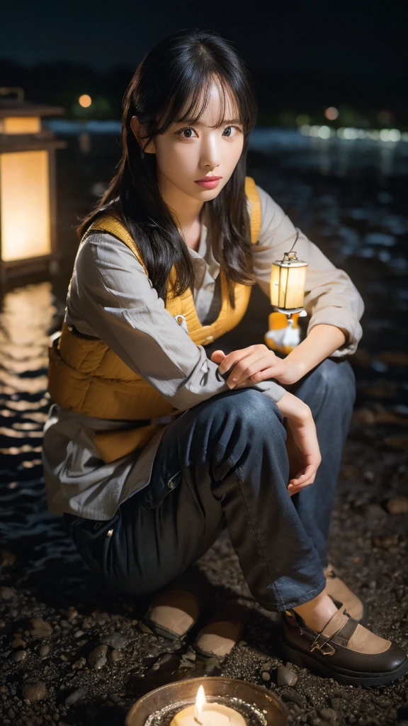 sky full of stars, charismatic, cargo trousers, sitting model pose, river, lanterns, night, extremely detailed eyes, extremely detailed face, best quality, extremely detailed, one person, one girl, ultra-detailed, (realistic, photo-realistic:1.3)