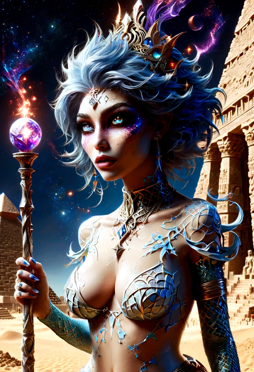 Warcraft Character, Beautiful sweet zombie girl Fari banx with big bare breasts, beatiful face, shapely body, Magic Staff in Hand, Light, Magic, mage, Elegant body, Egyptian woman, Egyptian pyramids, desert, mini skirt, fishnet stockings, Ornaments, Patterns, Magic, is beautiful, Magic, Chic, beautiful blue eyes, Sexy ,a lot of details, extreme hight detail, saturated colors, Professional lighting, photo realism, Fairytale atmosphere , jour