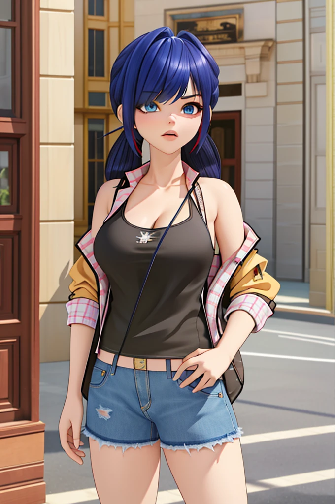 (8k, RAW photo, best quality, masterpiece:1.2), (intricate details), perfect eyes, perfect face, perfect lighting, beautiful, (masterpiece:1.2), (best quality:1.2), 1girl, solo, marinette, blue hair, (( hair in ponytail, bangs over one eye )), adult torso, 19 years old, angry, huge sized breasts, (tank top, denim jacket, red skirt), cowboy shot, 3DMM, standing, front view, 