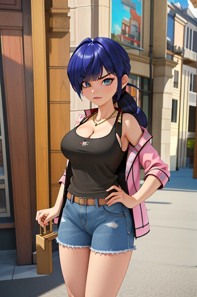 (8k, RAW photo, best quality, masterpiece:1.2), (intricate details), perfect eyes, perfect face, perfect lighting, beautiful, (masterpiece:1.2), (best quality:1.2), 1girl, solo, marinette, blue hair, (( hair in ponytail, bangs over one eye )), adult torso, 19 years old, angry, huge sized breasts, (tank top, denim jacket, red skirt), cowboy shot, 3DMM, standing, front view,