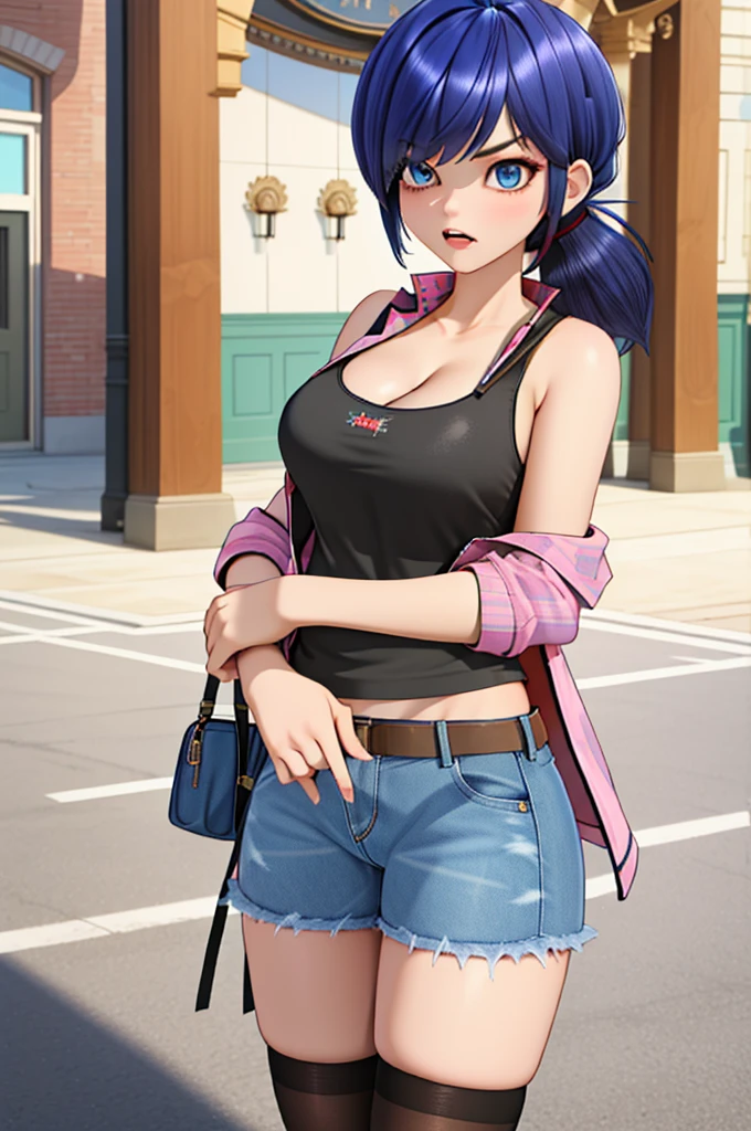 (8k, RAW photo, best quality, masterpiece:1.2), (intricate details), perfect eyes, perfect face, perfect lighting, beautiful, (masterpiece:1.2), (best quality:1.2), 1girl, solo, marinette, blue hair, (( hair in ponytail, bangs over one eye )), adult torso, 19 years old, angry, huge sized breasts, (tank top, denim jacket, red skirt), cowboy shot, 3DMM, standing, front view, 