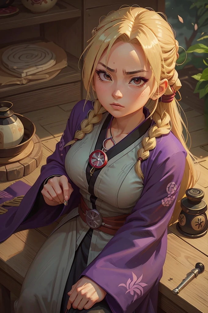 Create a compelling 4K close-up portrait of Tsunade, the legendary Sannin and Fifth Hokage from the "Naruto" series, capturing her strength and wisdom in ultra-high detail. Visualize Tsunade with her distinctive features: long, blonde hair tied up in a voluminous ponytail, framing her face with a few loose strands. Her eyes should be sharp and piercing, reflecting both her commanding presence and deep wisdom.
Dress Tsunade in her traditional Hokage attire: a purple Hokage cloak adorned with the kanji symbol for "Fire" (火) and her village's emblem. Include subtle details like her necklace with a pendant resembling a leaf, symbolizing her allegiance to the Hidden Leaf Village and her connection to the Senju clan.
Set the scene against a backdrop that reflects her role as a leader and healer, such as the Hokage office with scrolls and medical tools in the background, or a serene landscape of the Hidden Leaf Village with cherry blossom trees in bloom. Enhance the atmosphere with elements that convey her strength and authority, such as gentle sunlight filtering through the foliage or a faint breeze stirring her hair.
The color palette should be rich and symbolic, with shades of purple, green, and gold highlighting her attire and the natural beauty of her surroundings. Tsunade's expression should convey a mix of determination, wisdom, and a hint of kindness, capturing her dedication to protecting her village and nurturing the next generation of ninja.
Every element should be meticulously rendered in ultra-high detail, from the texture of Tsunade's hair and clothing to the intricate designs of her Hokage cloak and the serene ambiance of the background. This portrait aims to celebrate Tsunade as a symbol of leadership, strength, and compassion in the world of ninja, capturing her iconic features and the depth of her character.