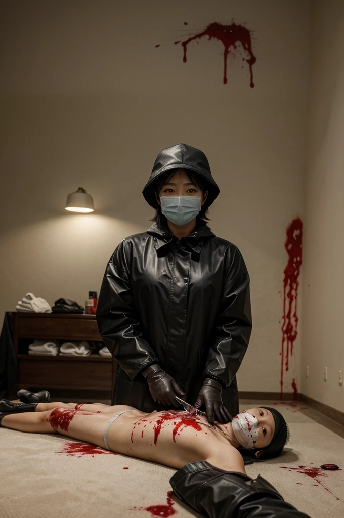 korean girl, (behind corpse, blood splatter), surgical mask, holding knife, stabbing, black raincoat, leather gloves, trucker hat, room full of blood, short hair, holding knife, leather gloves, behind corpse, night, mass murderer, robbery, in the hotel,