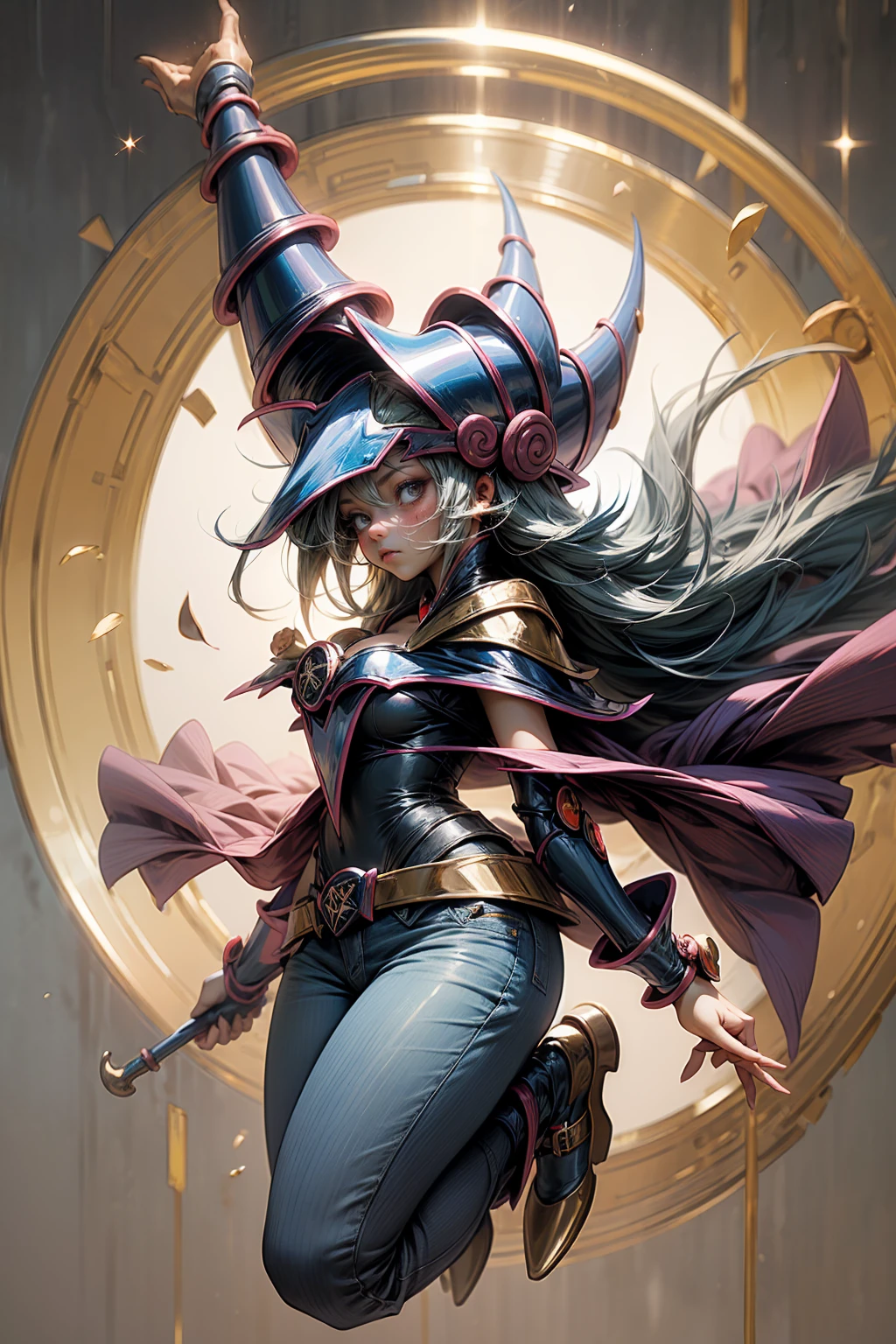 (Masterpiece:1.2), (The best quality:1.2), perfect lighting, Dark Magician Girl casting a spell, in battle. floating in the air, large visible , wear jeans and heels. transparent neckline, blue robe, big hat, From above, shines, Yugioh games, The magic of the heart, romantic heart.