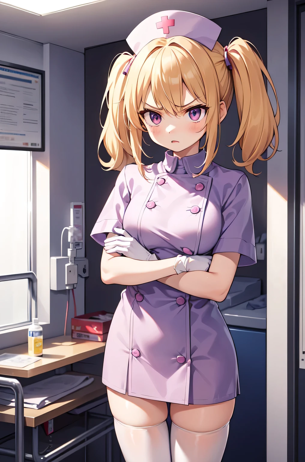 1girl, solo, nurse, nurse cap, white nurse uniform, ((white legwear, zettai ryouiki)), white gloves, twintails, yellow hair, purple eyes, angry, crossed arms, standing, ((hospital room)), sharp outline, short sleeves, best quality, masterpiece
