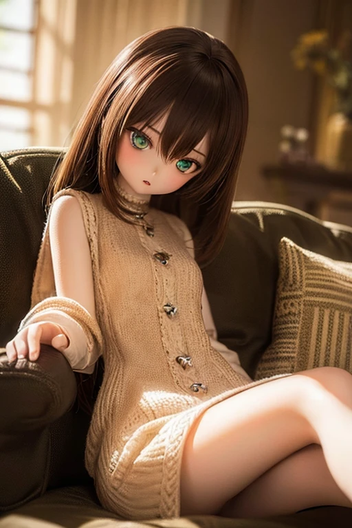 photorealistic, realistic photo, ((highest quality)), ((masterpiece)), kukolnydom, doll, (mature woman:1.6), solo, ((eye level shot, sitting on sofa, reclining on sofa, skinny, slender, slim, brown hair, parted lips)), detailed face, green eyes, (looking down:1.3), (eyes out of focus, emotionless eyes, blank stare, empty eyes, detailed eyes), museum, 8k