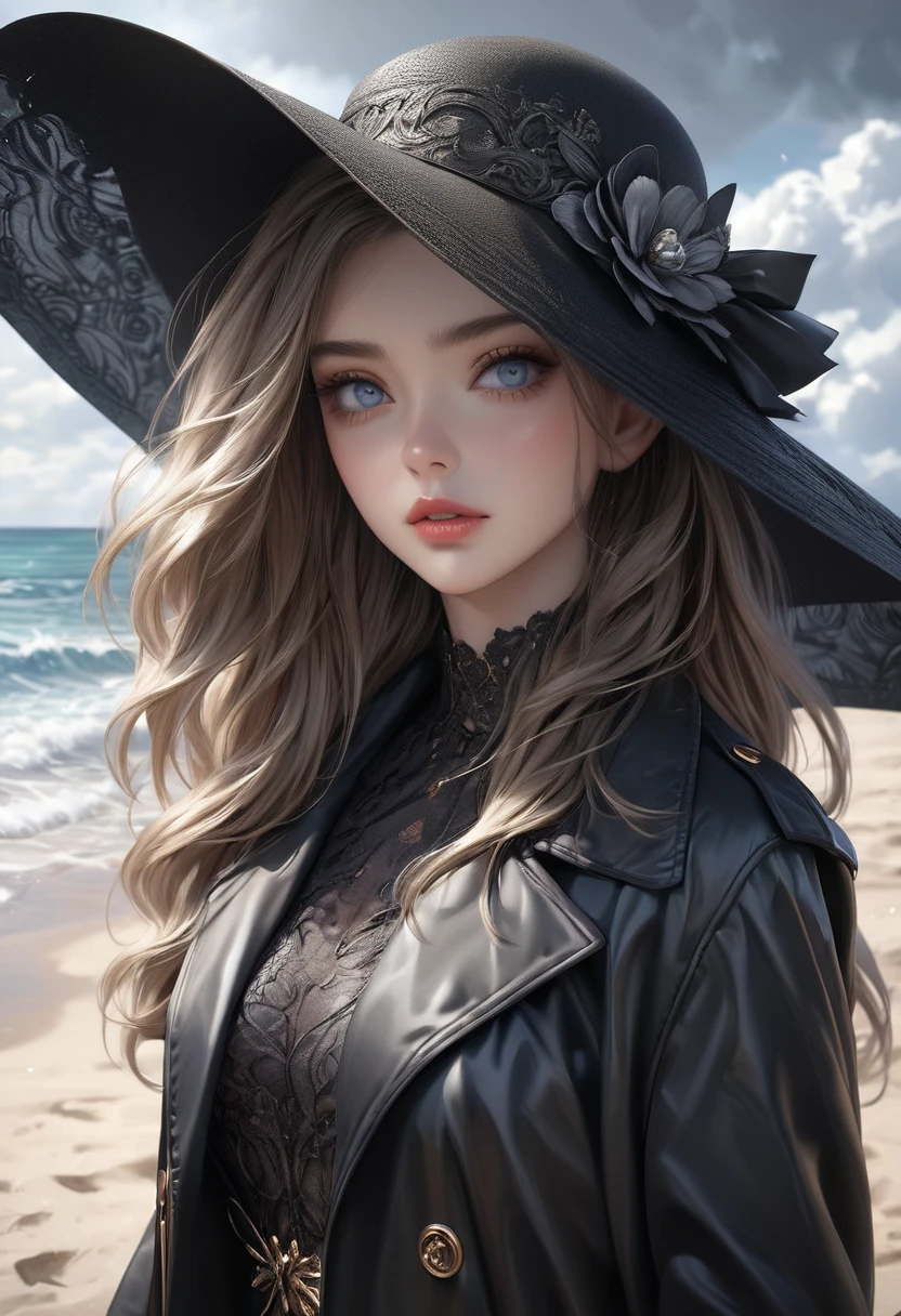 a beautiful girl in an elegant black hat with a large sunshade, black long gloves, standing on a sandy beach in the hot summer, wearing a black trench coat:1.2, (best quality,4k,8k,highres,masterpiece:1.2),ultra-detailed,(realistic,photorealistic,photo-realistic:1.37),beautiful detailed eyes,beautiful detailed lips,extremely detailed eyes and face,longeyelashes,intricate details,photorealistic,cinematic lighting,dramatic lighting,highly detailed face,high fashion,elegant,dramatic,atmospheric,summer beach,sand,ocean waves,overcast sky