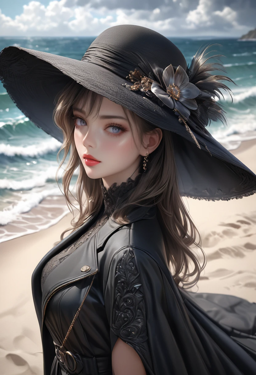 a beautiful girl in an elegant black hat with a large sunshade, black long gloves, standing on a sandy beach in the hot summer, wearing a black trench coat:1.2, (best quality,4k,8k,highres,masterpiece:1.2),ultra-detailed,(realistic,photorealistic,photo-realistic:1.37),beautiful detailed eyes,beautiful detailed lips,extremely detailed eyes and face,longeyelashes,intricate details,photorealistic,cinematic lighting,dramatic lighting,highly detailed face,high fashion,elegant,dramatic,atmospheric,summer beach,sand,ocean waves,overcast sky